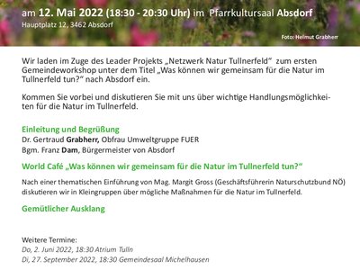 Gemeindeworkshop: " Was können wir gemeinsam für die Natur im Tullnerfeld tun?"